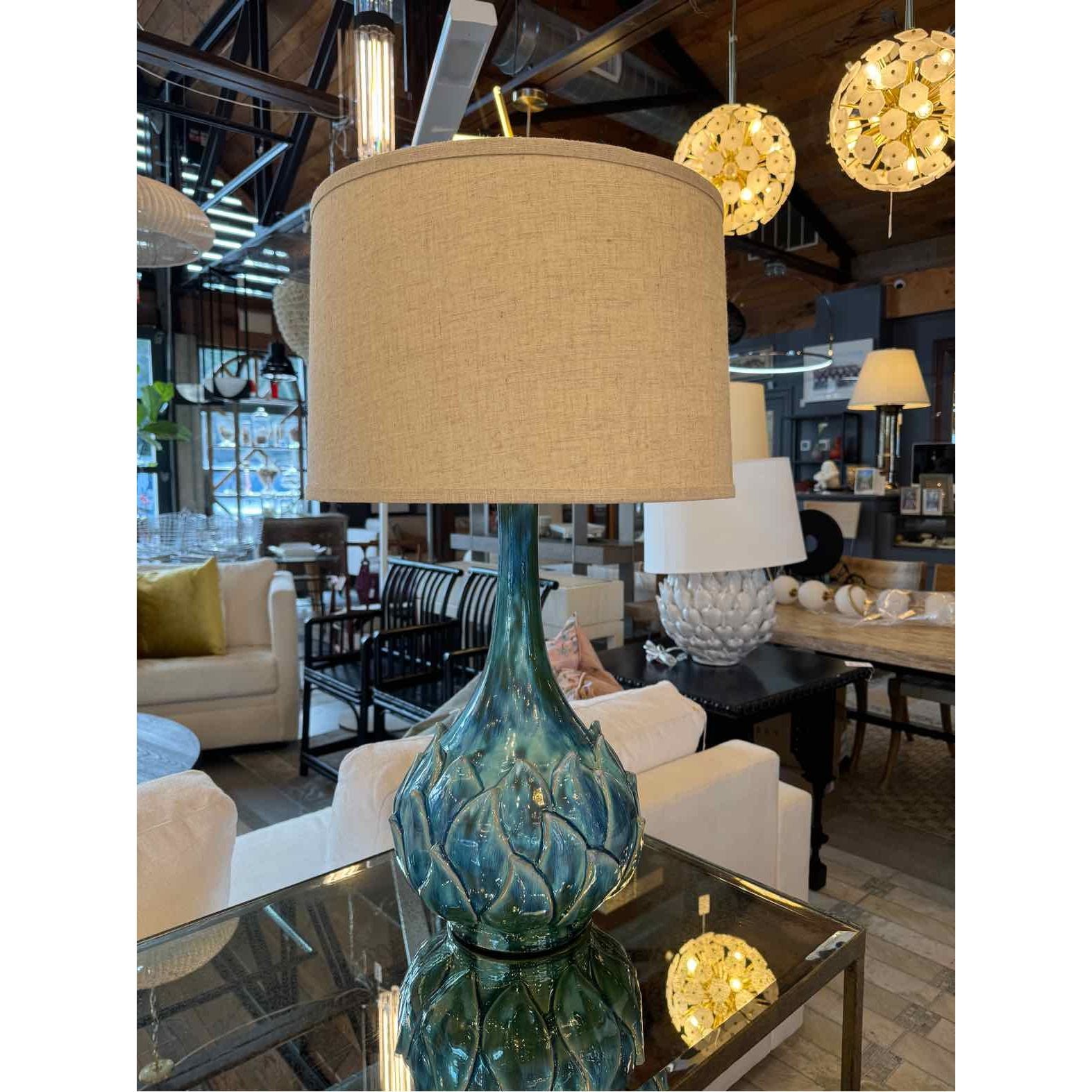 PAIR of Blue Ceramic Artichoke Table Lamps w/ Shades (AS IS) - colletteconsignment.com