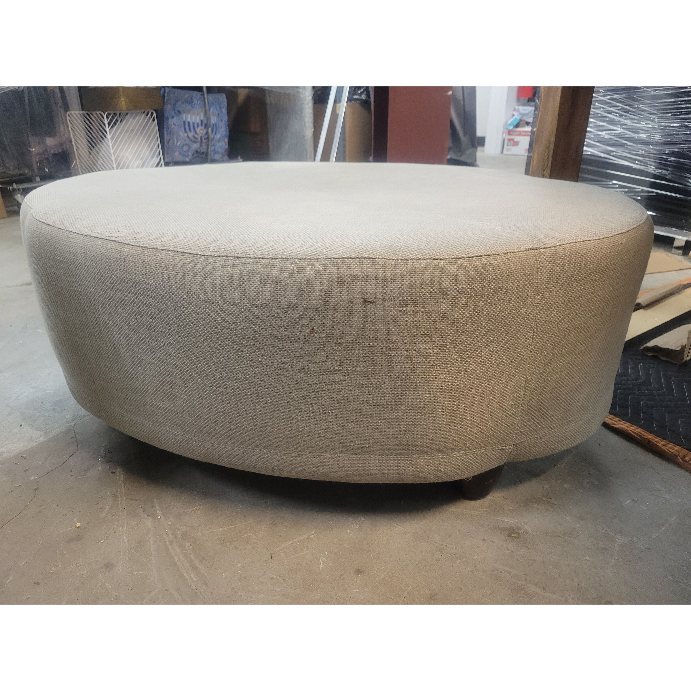 Gray Linen Oval Ottoman w/ Wood Legs by Barbara Barry (AS IS)