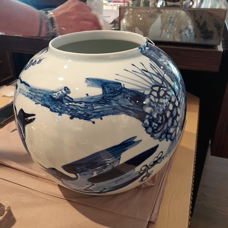 Large Blue & White Jardiniere w/ Bird Motif by Jared Fitzgerald