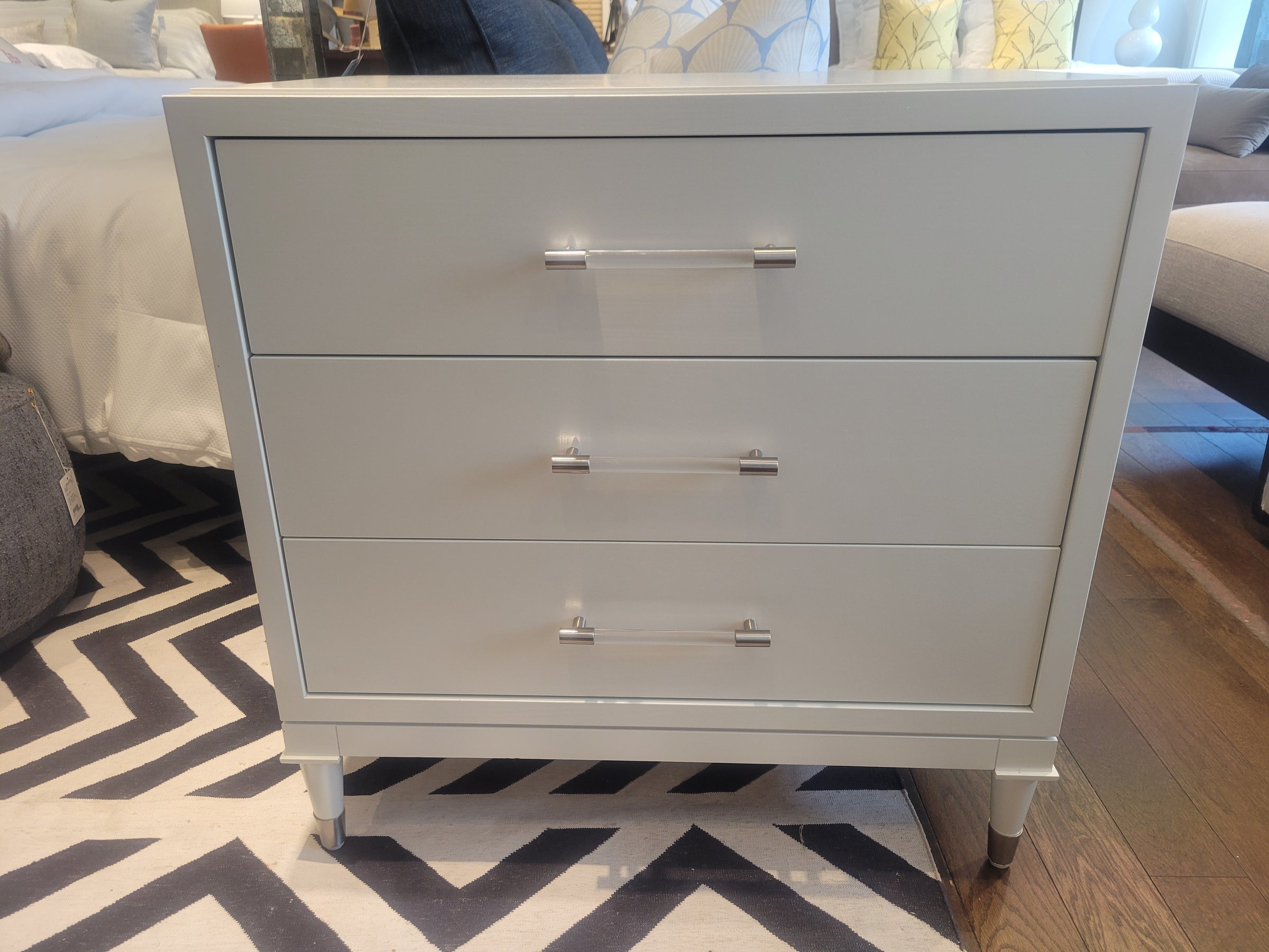 PAIR of 3-Drawer White Nightstands w/ Nickel & Lucite Pulls by Vanguard (AS IS)