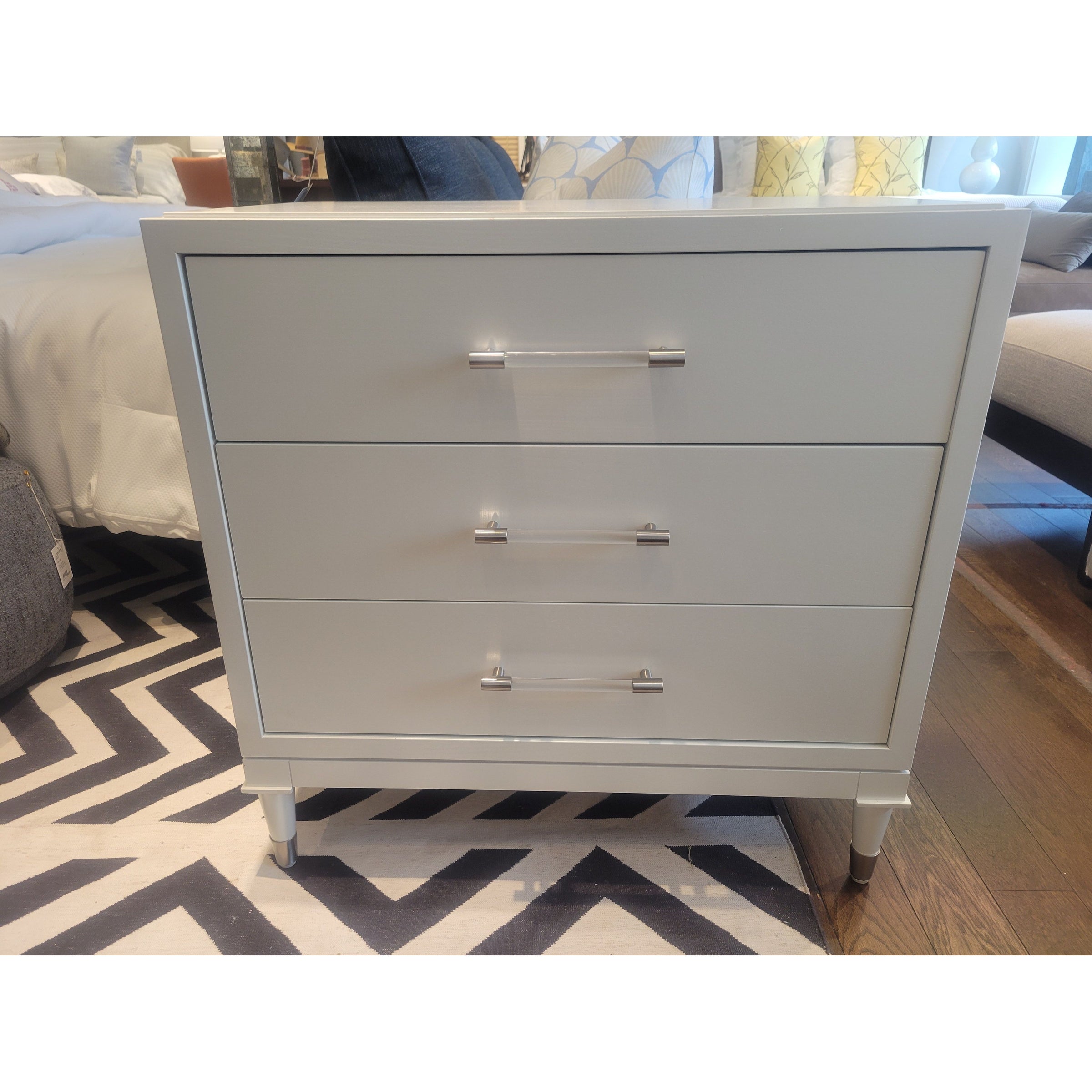 PAIR of 3-Drawer White Nightstands w/ Nickel & Lucite Pulls by Vanguard (AS IS)