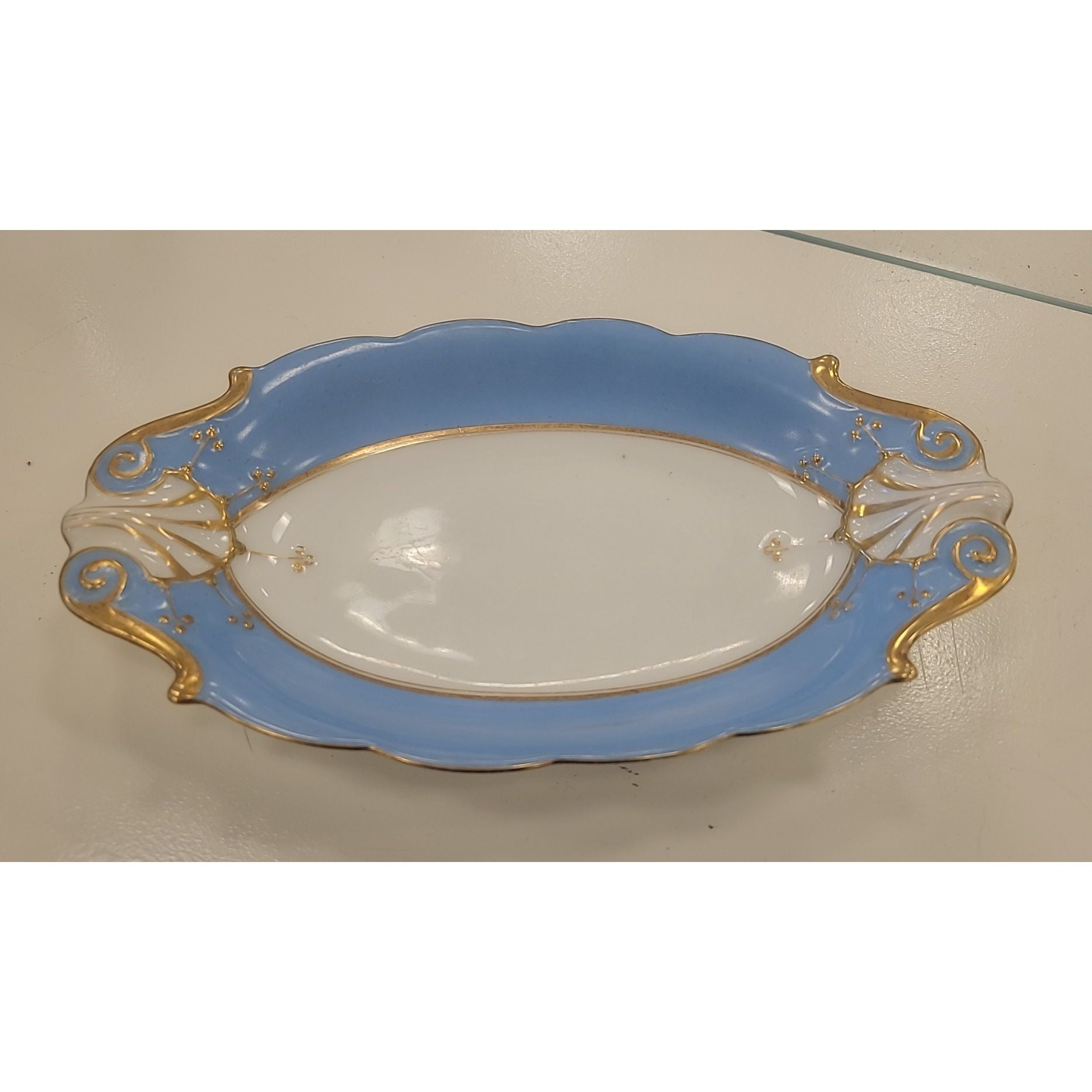 Limoges Porcelain Dish in White, Gold & Light Blue
