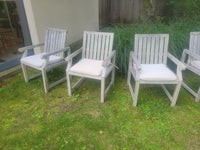 SET of 6 Teak Dining Arm Chairs w/ White Cushions (AS IS)