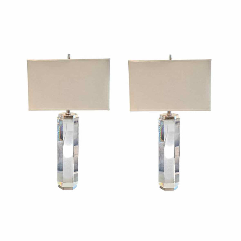 Pair of Hexagonal Lucite Table Lamps w/ Beige Shades by RH