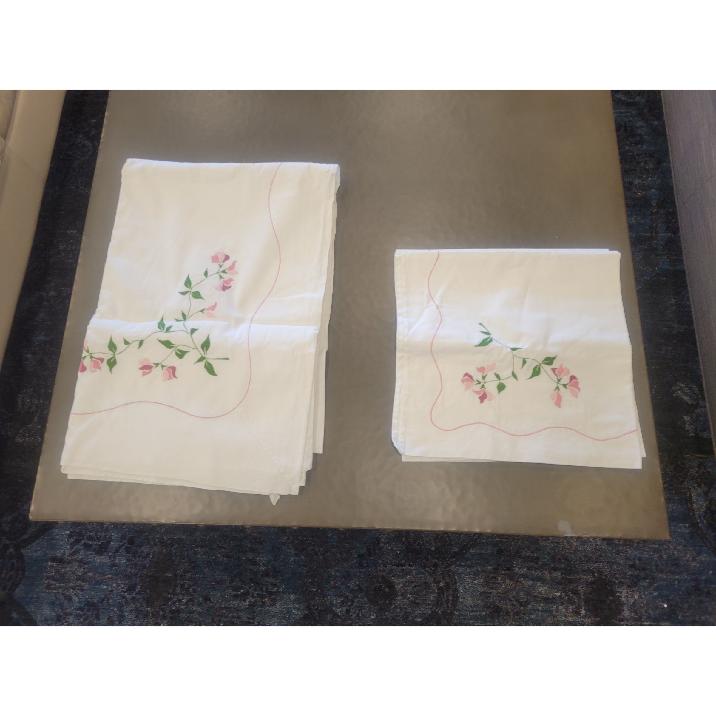 Flower Embroidered Linen Set: King-Sized Sheet & 2 Square Shams (AS IS) - colletteconsignment.com