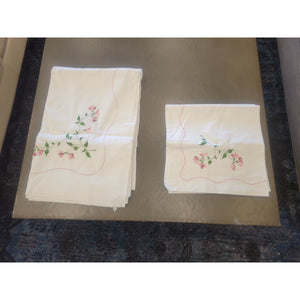 Flower Embroidered Linen Set: King-Sized Sheet & 2 Square Shams (AS IS)