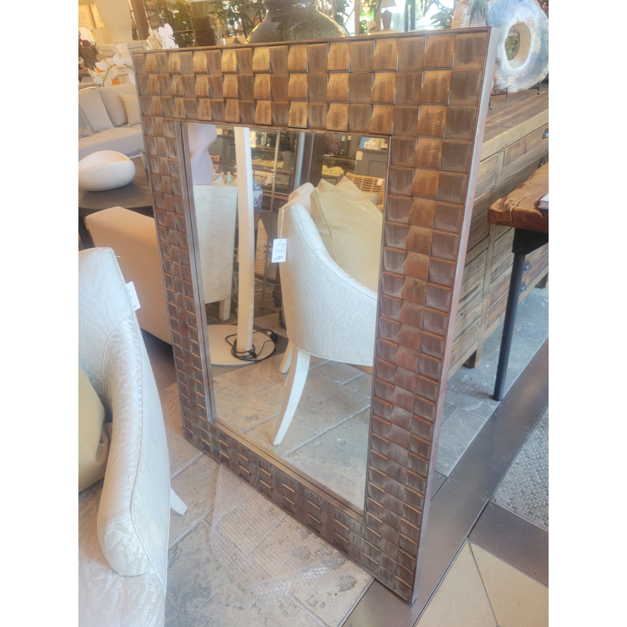 Rectangular Carved Silver Brushed Wood Wall Mirror (AS IS)