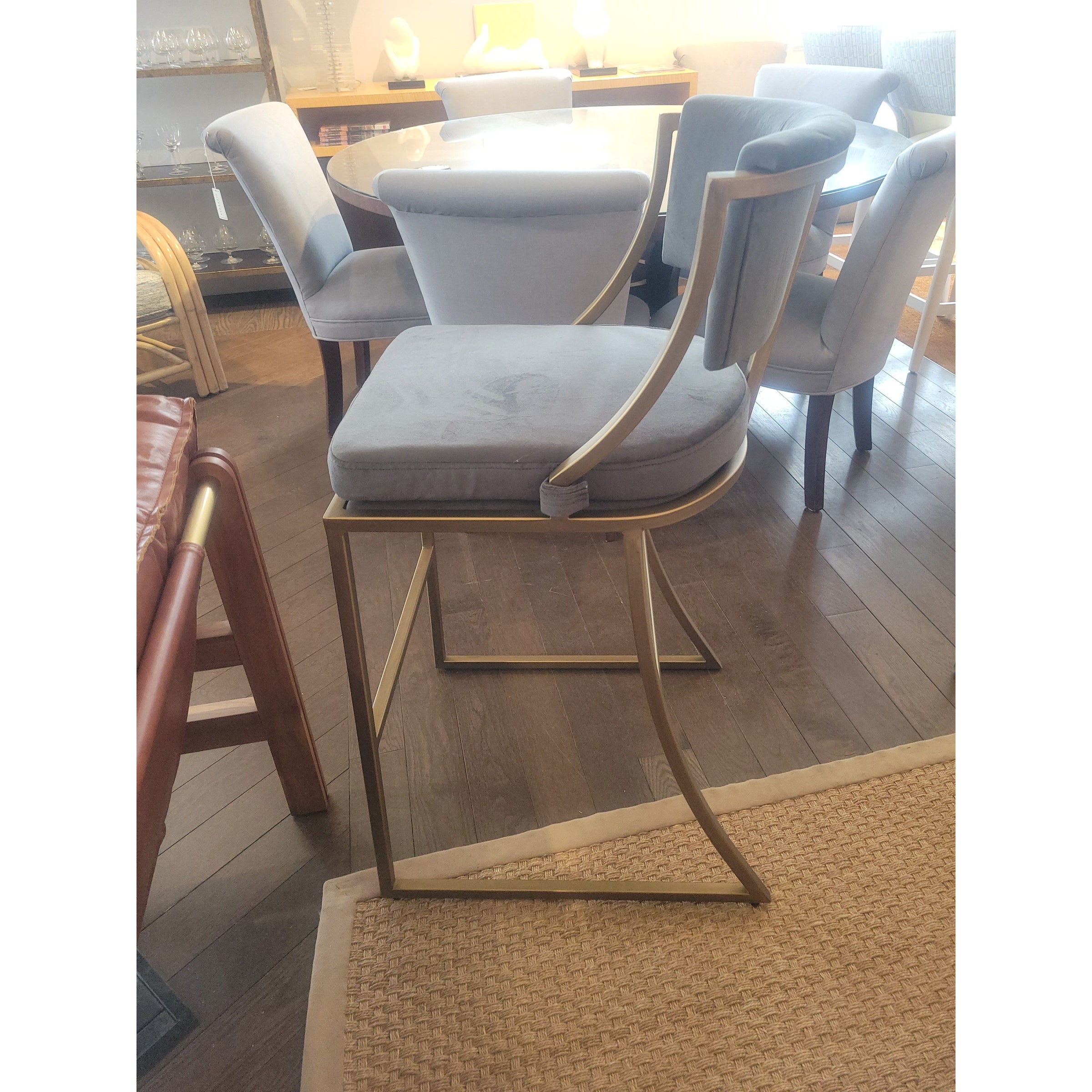 PAIR of Gray Velvet Bar Stools on Brass Bases by Ballard Designs
