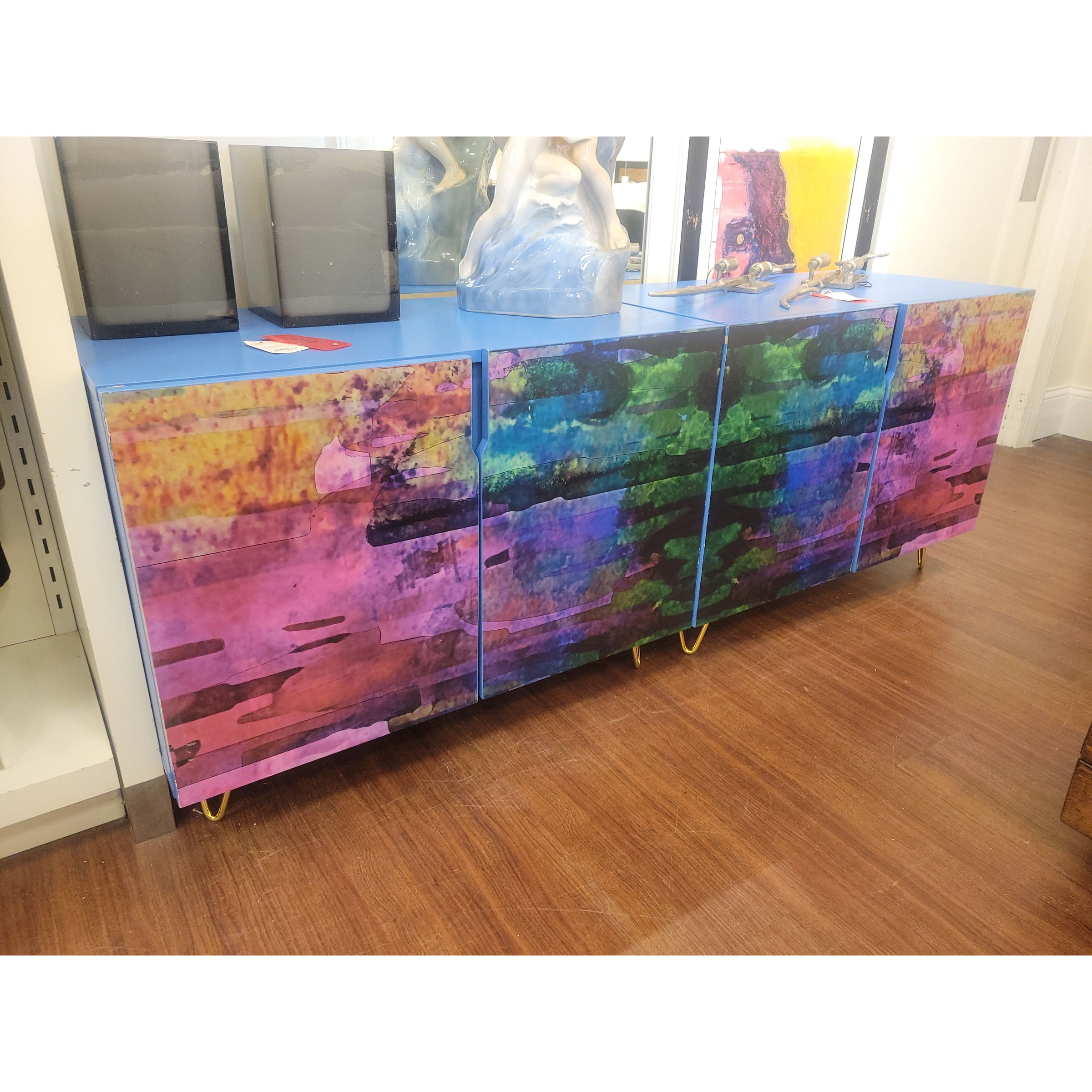 Custom 2-Pc Multicolor Cabinet w/ Brass Feet - colletteconsignment.com