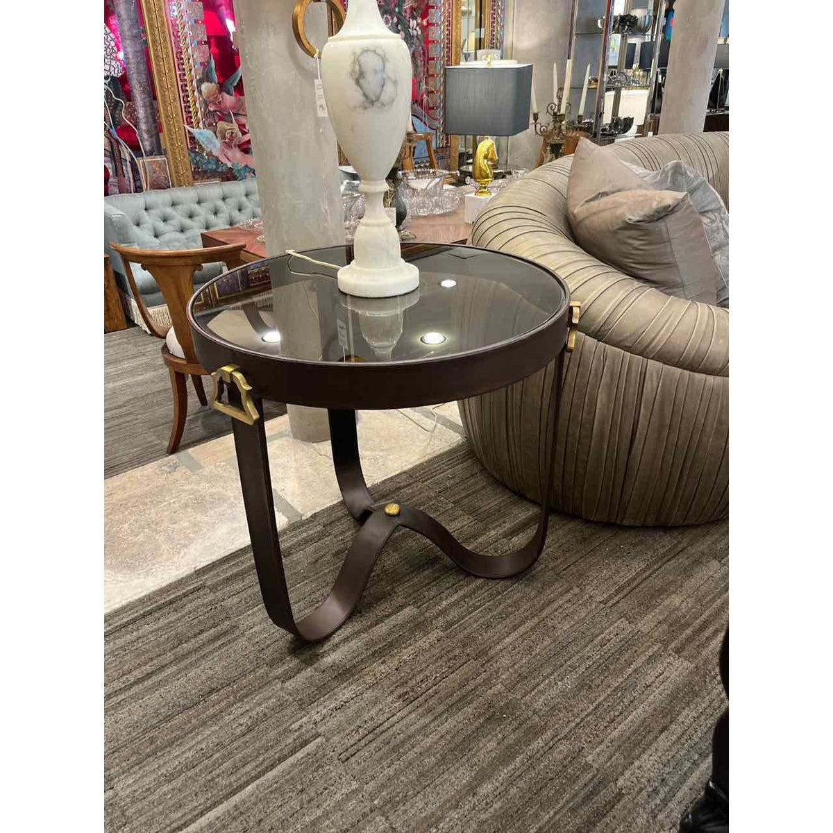 Pair of Glass & Leather Side Tables w/Brass detail