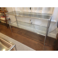 1970s Chrome Bamboo Style Console Table w/ Clear Glass Shelf & Smoky Top (As Is)