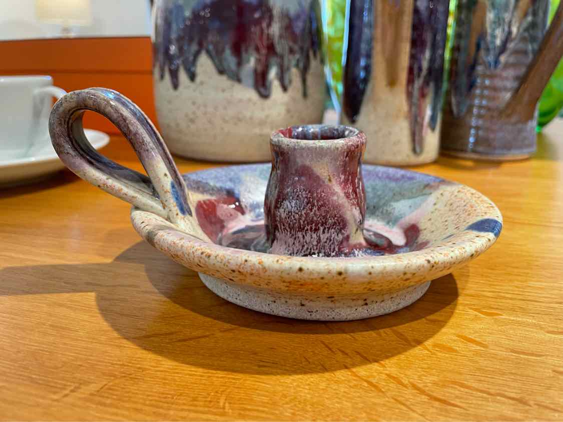 Blue Painted Pottery Candlestick Holder