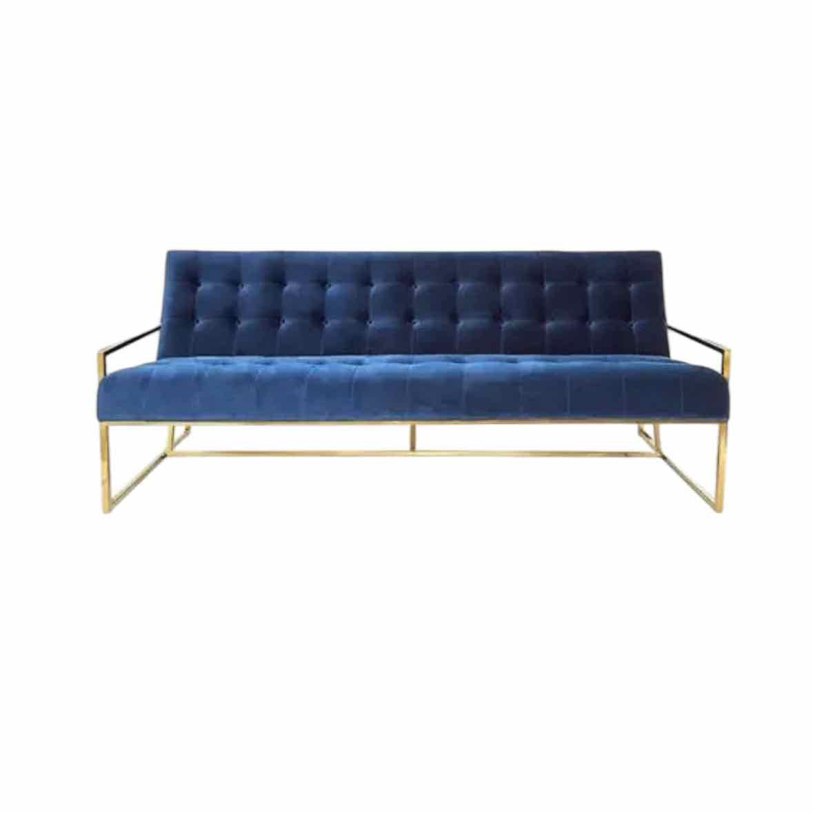 Jonathan Adler Goldfinger Blue Velvet and Brass Sofa