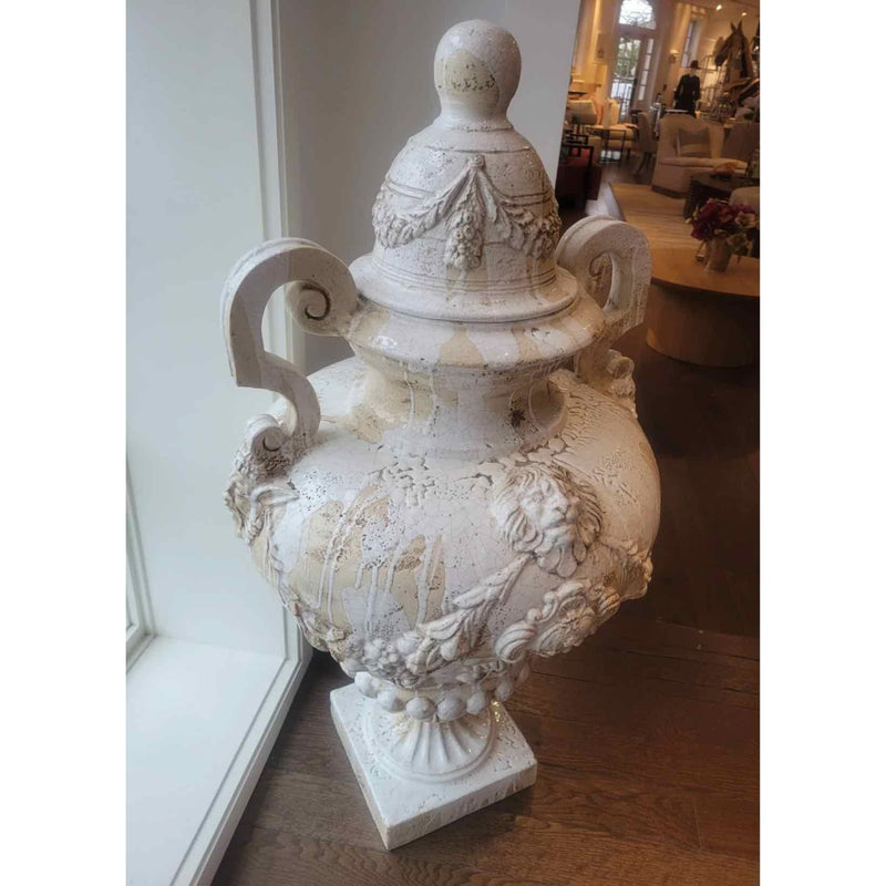 PAIR of Vintage Signed Cast Iron White Glazed Urns w/ Lids