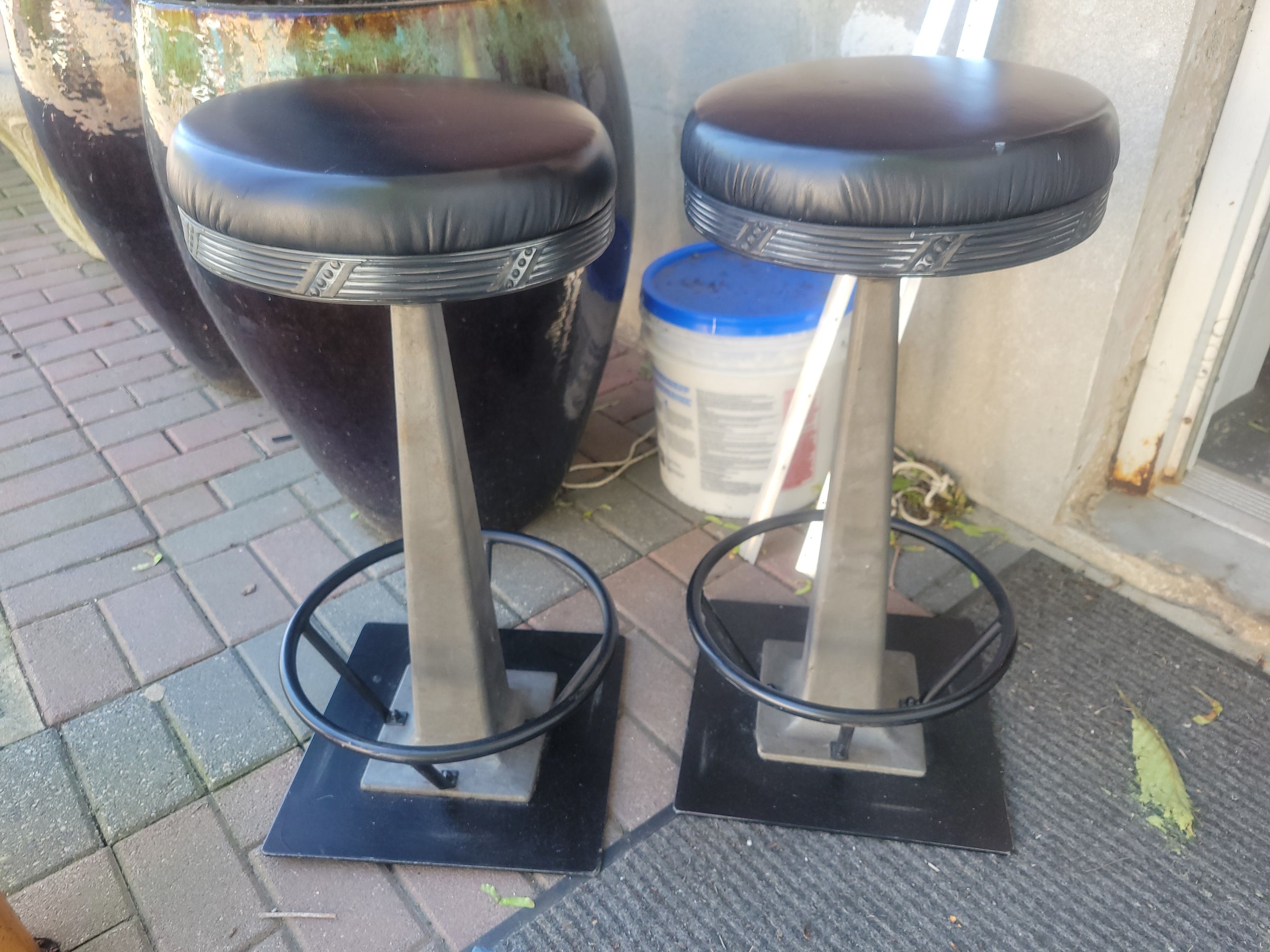 PAIR of Cast Iron Swivel Counter Stools w/ Black Leather Seats
