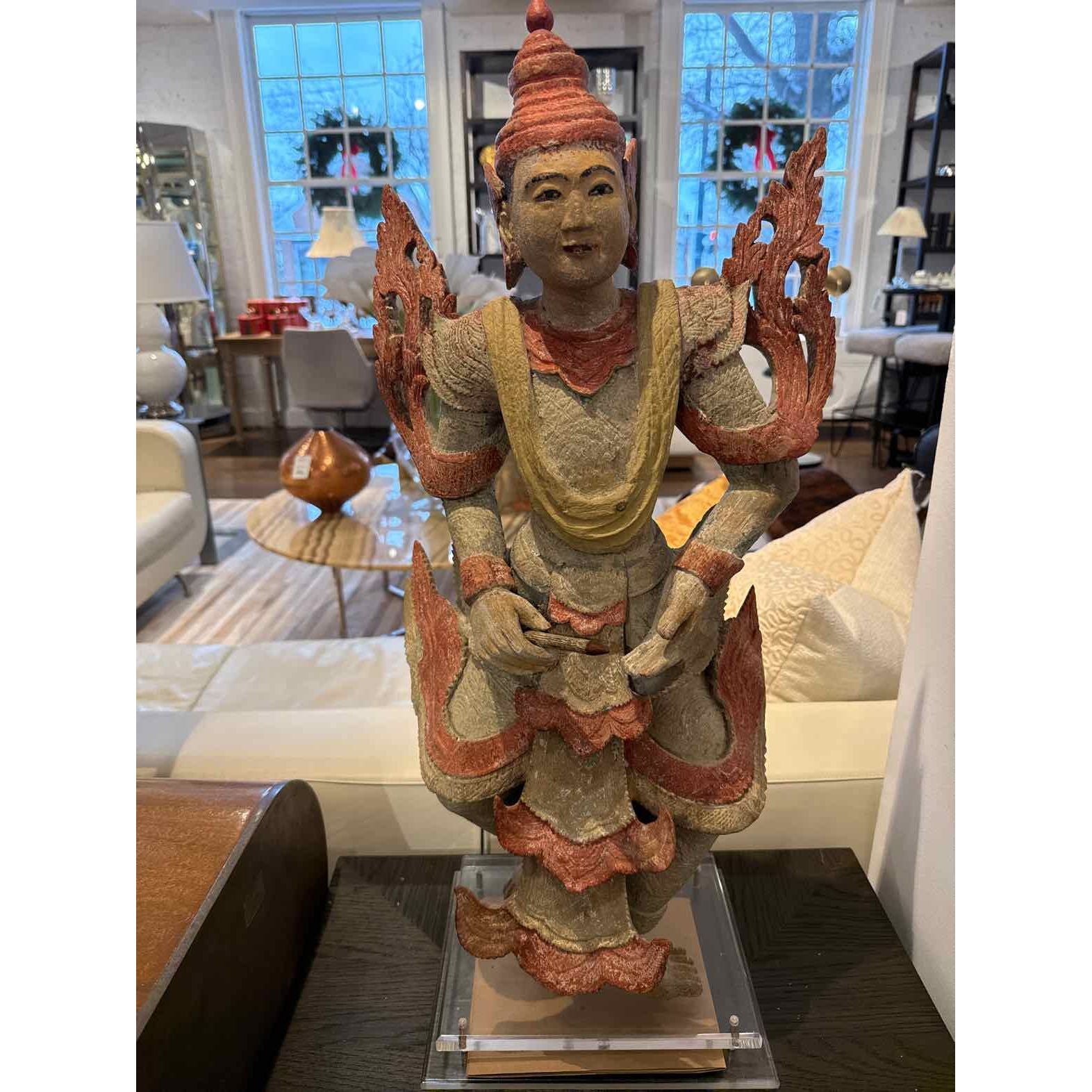 Pair of Antique Carved Polychrome Burmese Dancers w/ COA, 30"H x12"L x 9"W