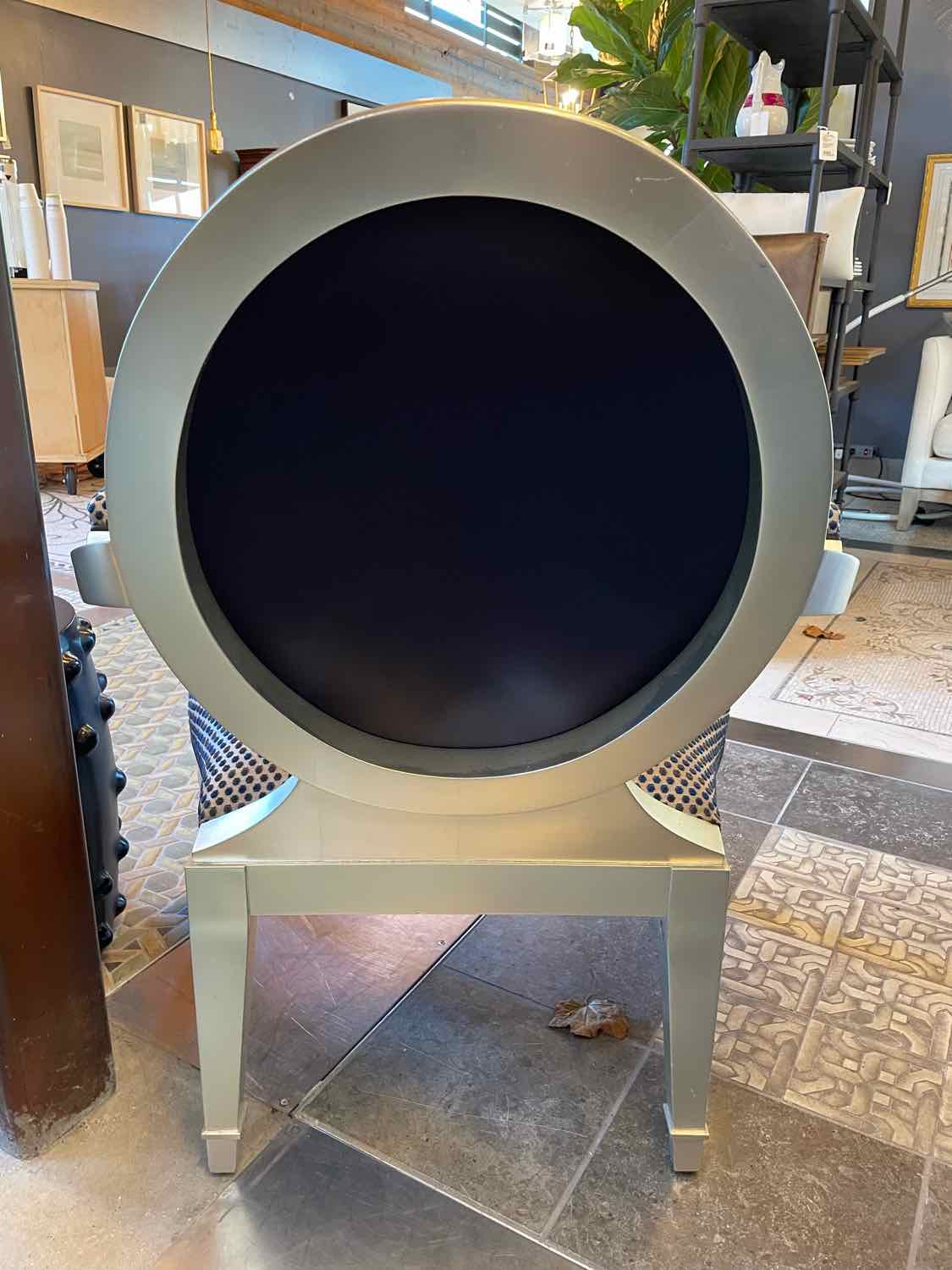 Silver & Blue Upholstered Oval Arm Chair by John Hutton for Donghia w/ Pillow