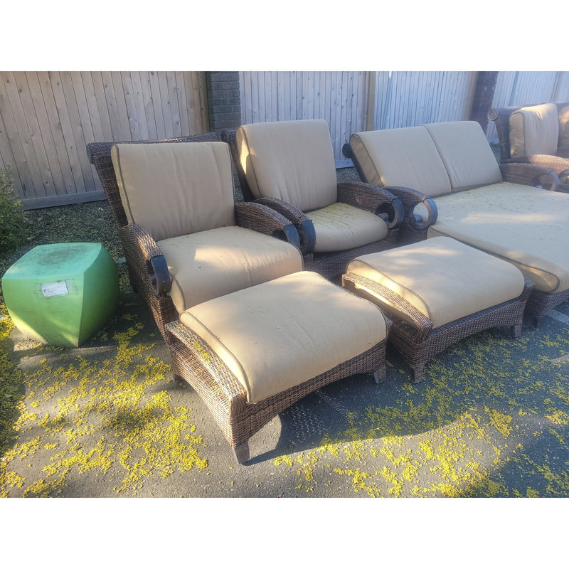 PAIR of Grand Manor Resin Wicker Chairs w/ Ottomans by Cast Classics (AS IS) - colletteconsignment.com