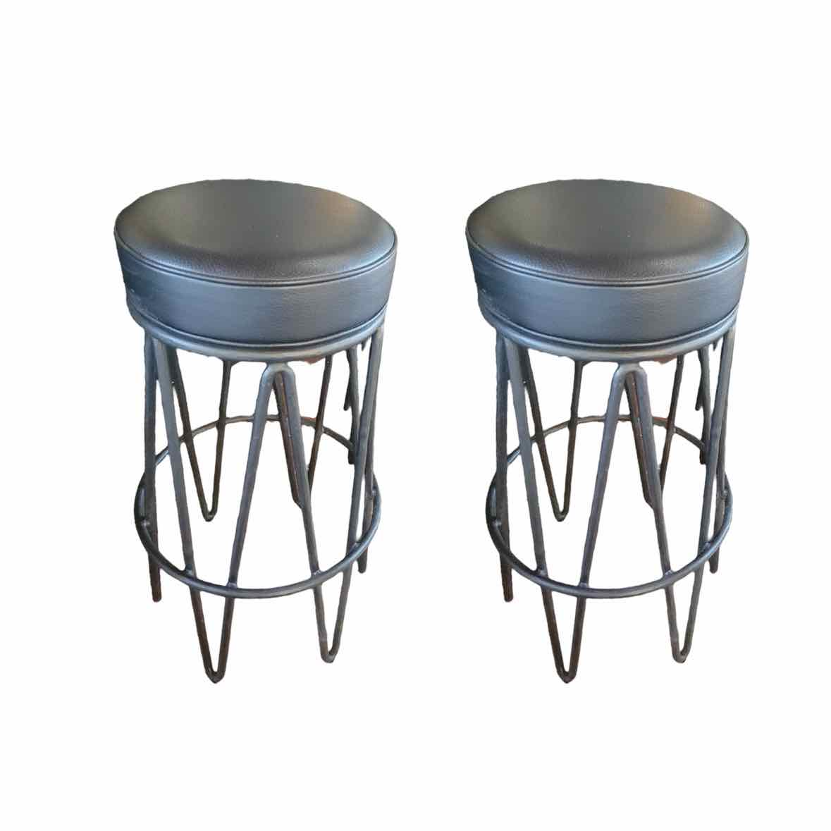 PAIR of Black Leather & Iron Bar Stools