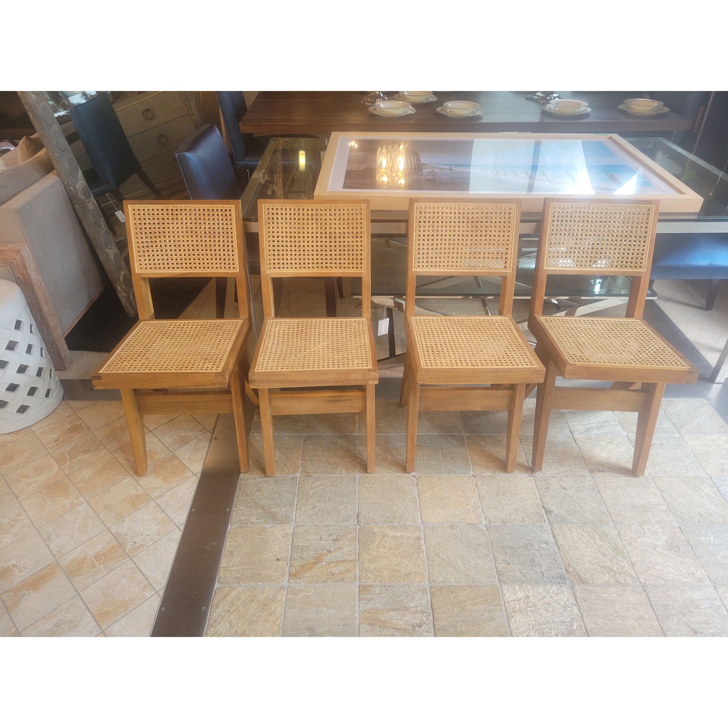 SET of 4 Acacia Wood & Rattan Cane Dining Chairs