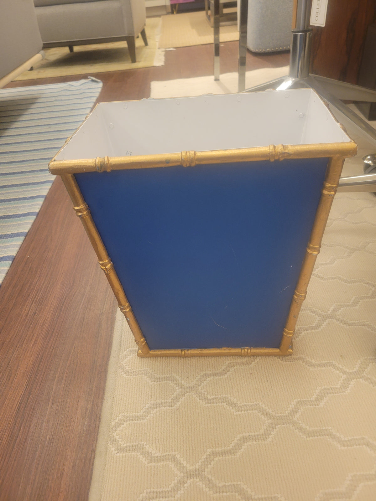 Blue & Gold Hand-Painted Metal Waste Basket by Dana Gibson