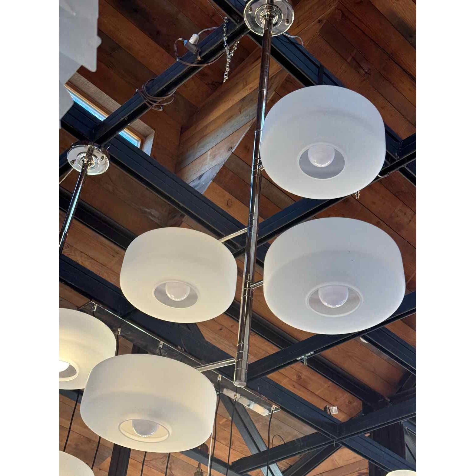 Chrome Pendant Chandelier w/ 4 Rounded Glass Disks on Adjustable Arms