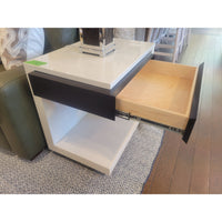 PAIR of Custom White Satin Lacquer Open Side Tables w/ Brown Wood Drawers - colletteconsignment.com