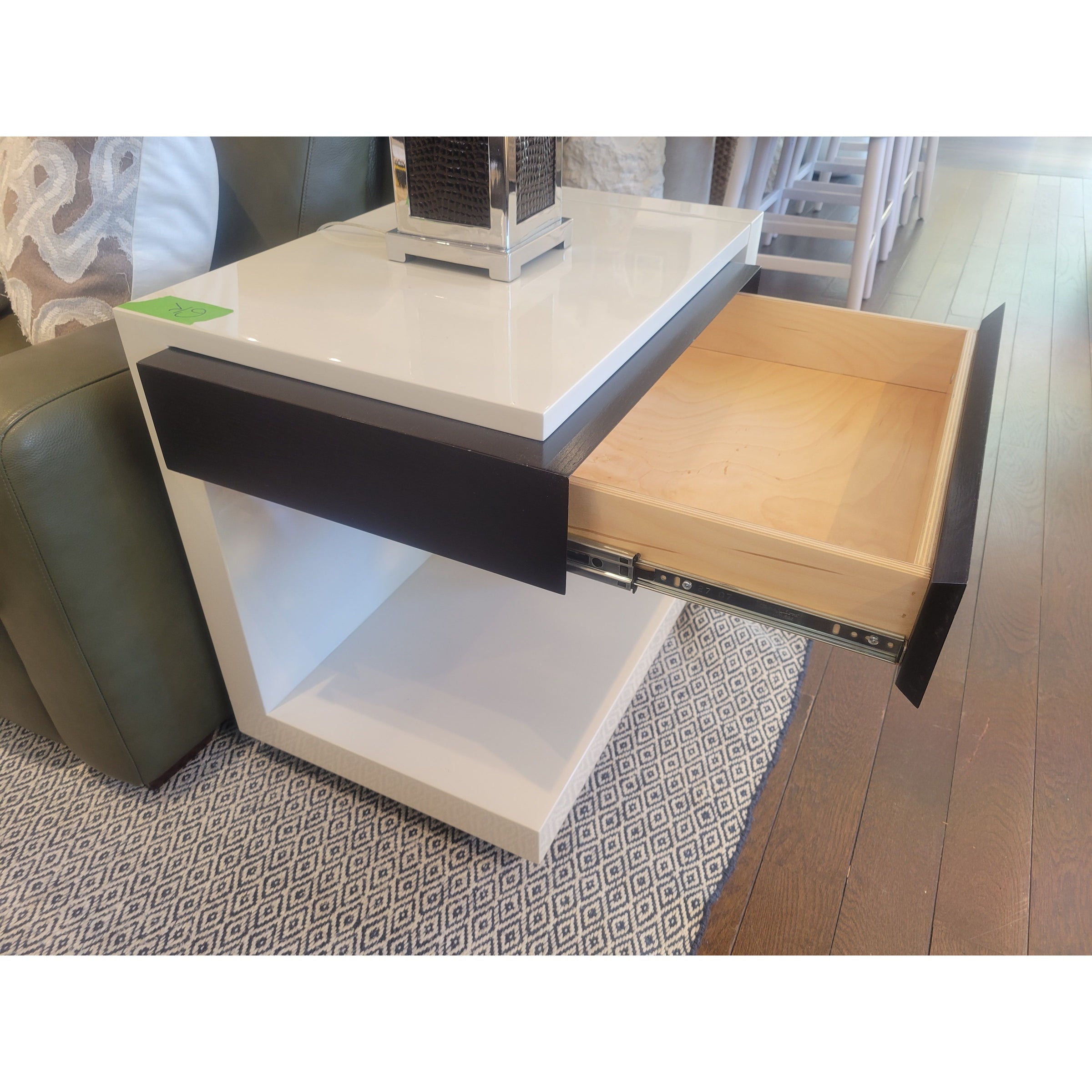 PAIR of Custom White Satin Lacquer Open Side Tables w/ Brown Wood Drawers - colletteconsignment.com