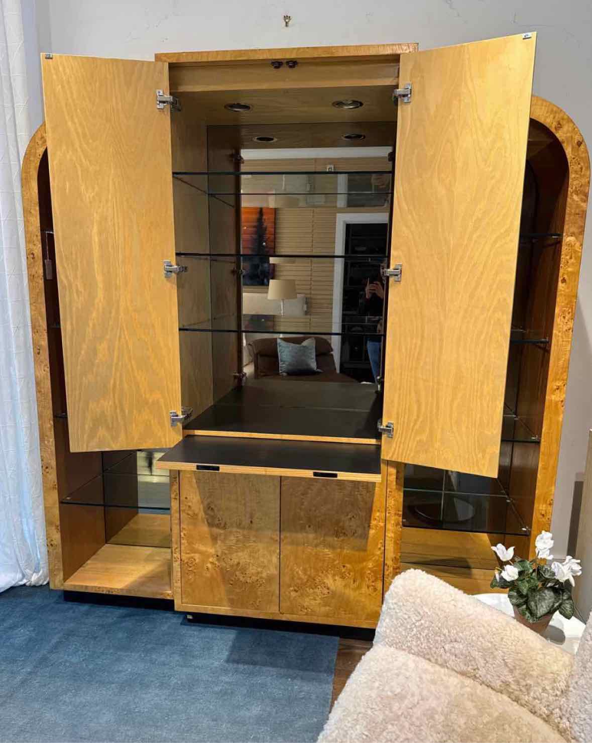 1970s 3-Pc Burlwood Bar Cabinet w/ Lighting & Glass Shelves - AS IS