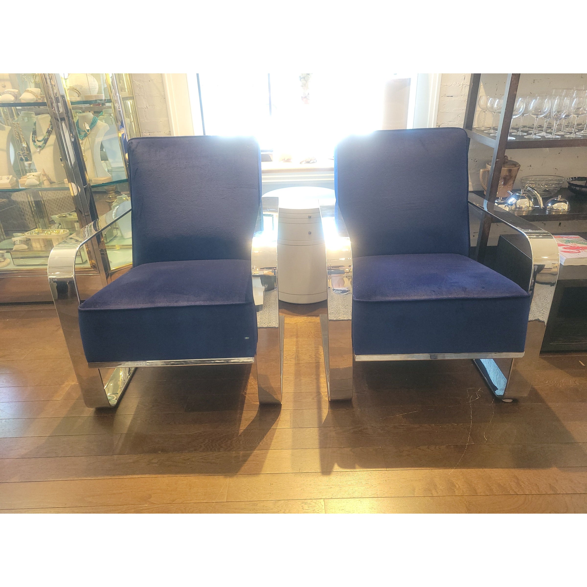 PAIR of Custom Blue Velvet & Chrome Club Chairs by Artistic Frame