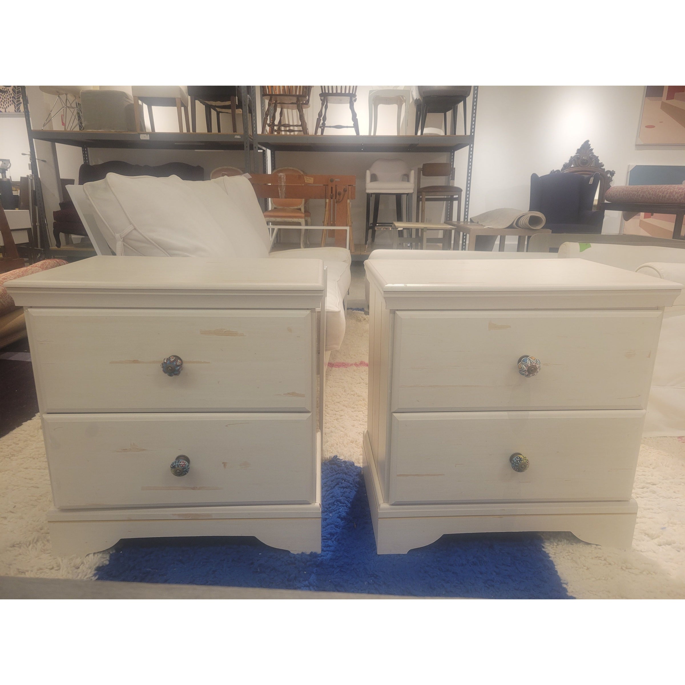 PAIR of White Wash Wood 2-Drawer Night Stands w/ Ceramic Knobs (AS IS)