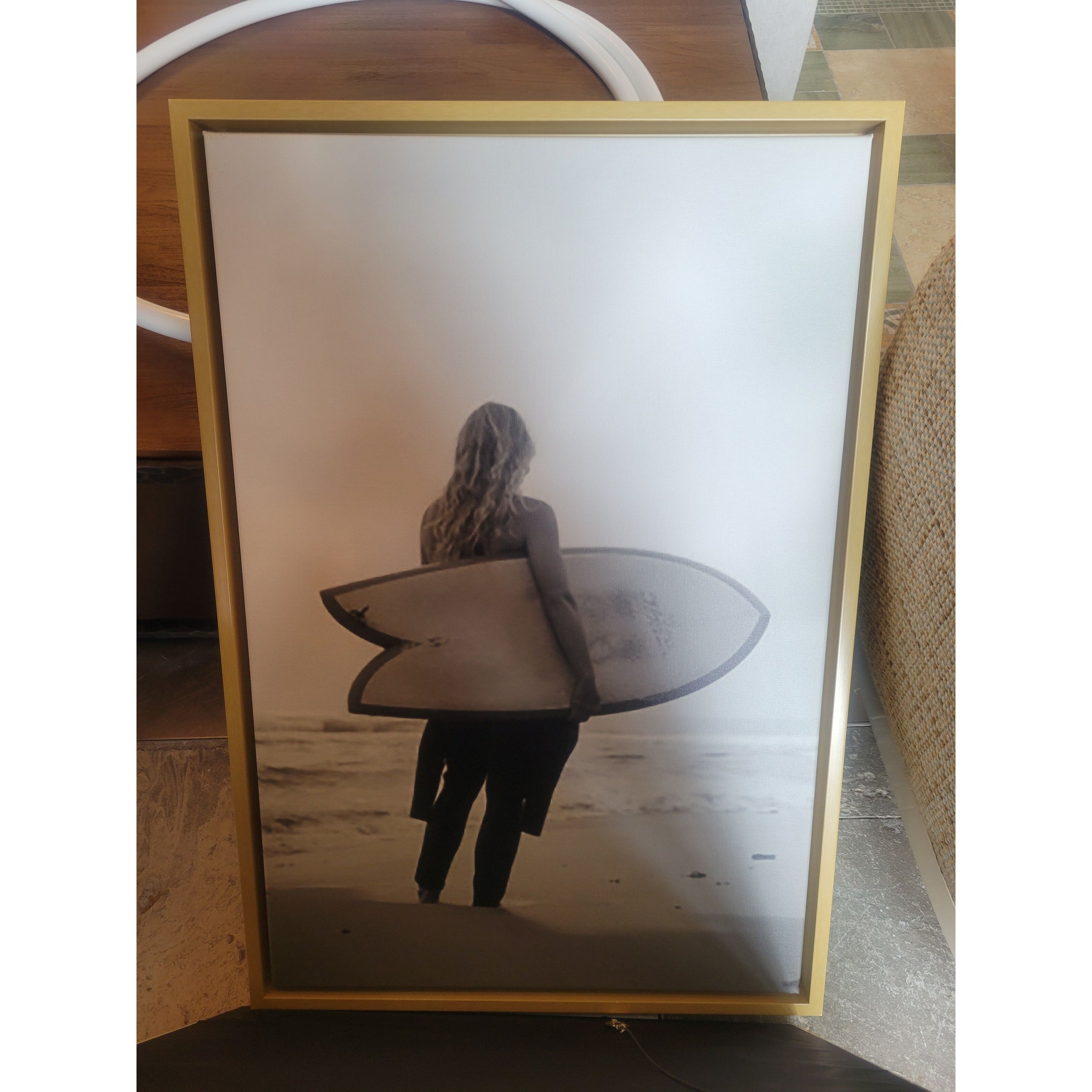 B&W Beach Surfer Photograph on Canvas in Floating Wood Frame