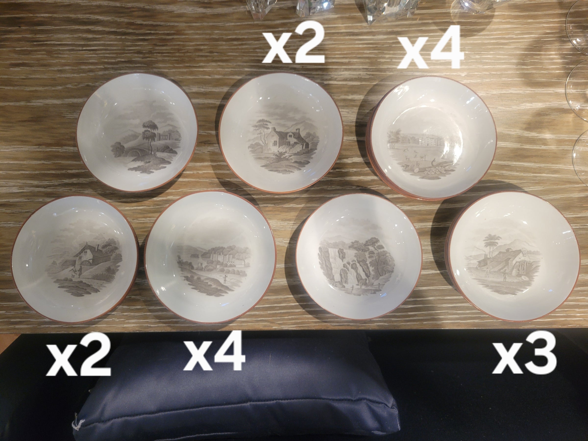 41-Pc 19th C. British Bat-Printed Porcelain Dish Set by Spode w/ Display Stands