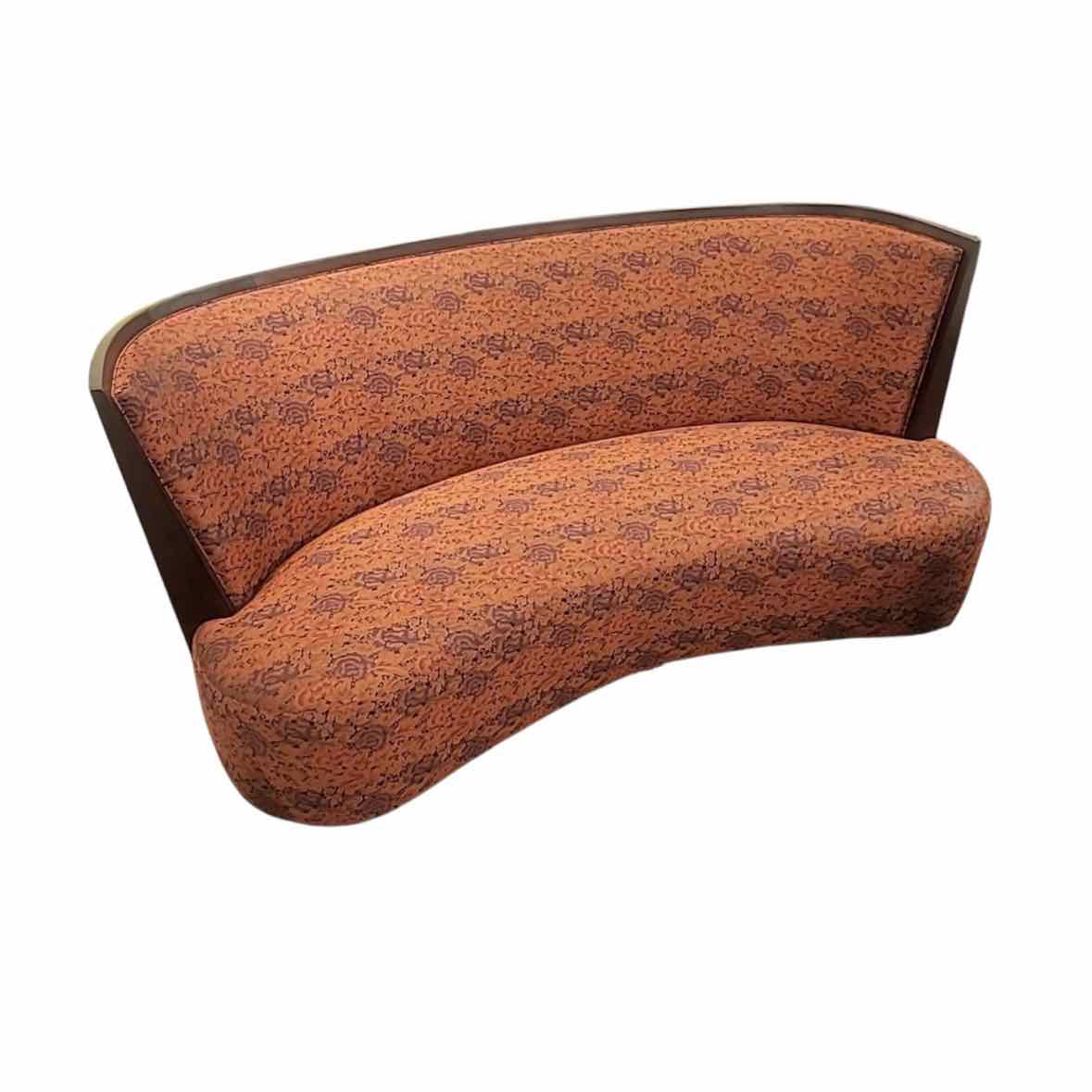 7-ft Curved Dark Wood Sofa w/ Autumn Flora Upholstery