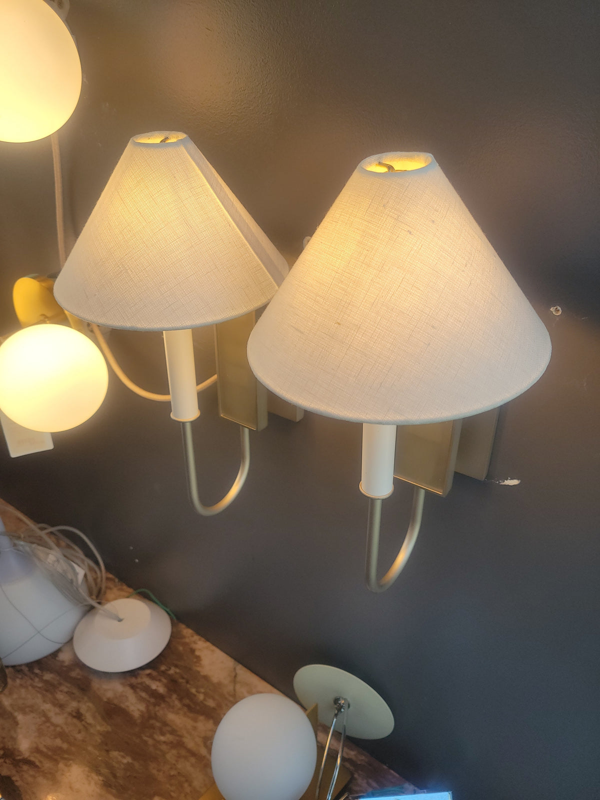 PAIR of Edina Pewter Sconces w/ White Linen Shades by Urban Electric
