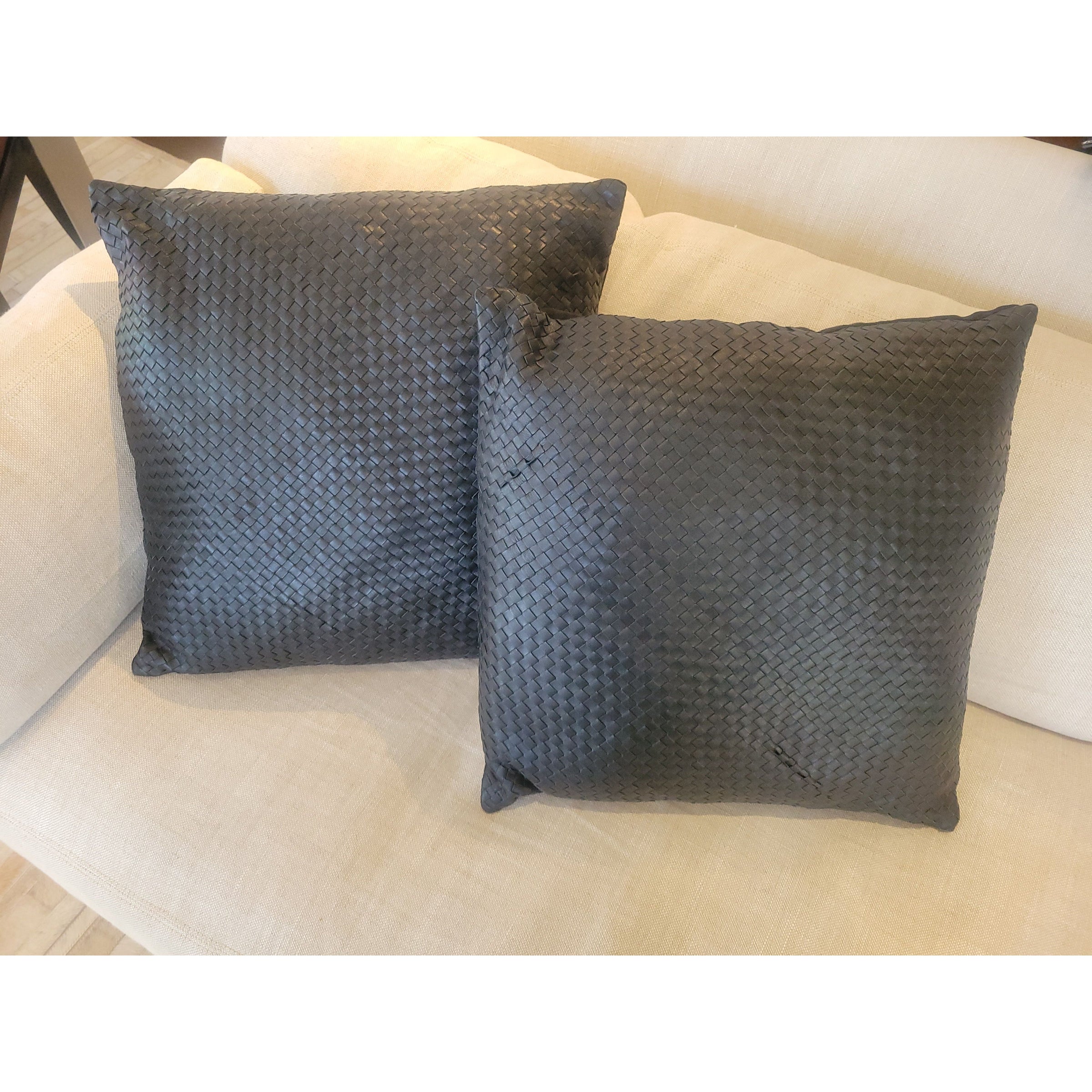PAIR of Black Leather Weave Pillows by Surya - colletteconsignment.com