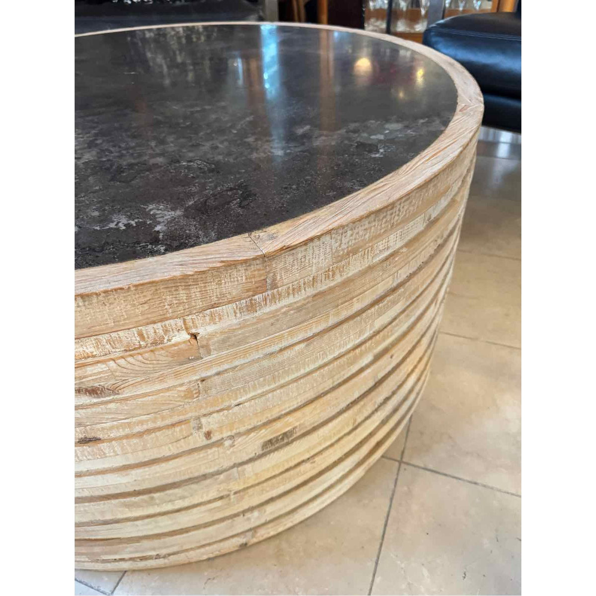 Round Fluted Wood Coffee Table w/ Black Stone Top
