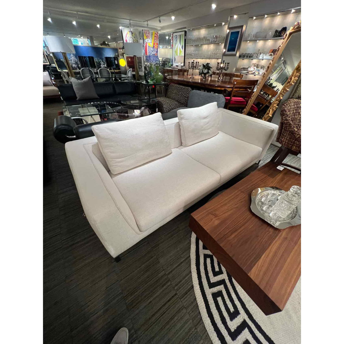 B&B Italia Ray Sofa In Beige Linen w/ Contrast Stitching At Seam Bronze Feet