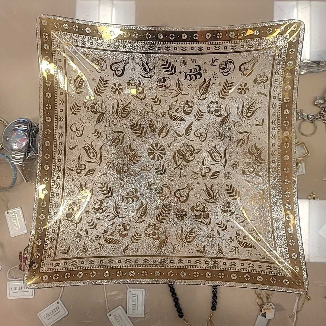 Georges Briard Floral Gold Glass Square Platter