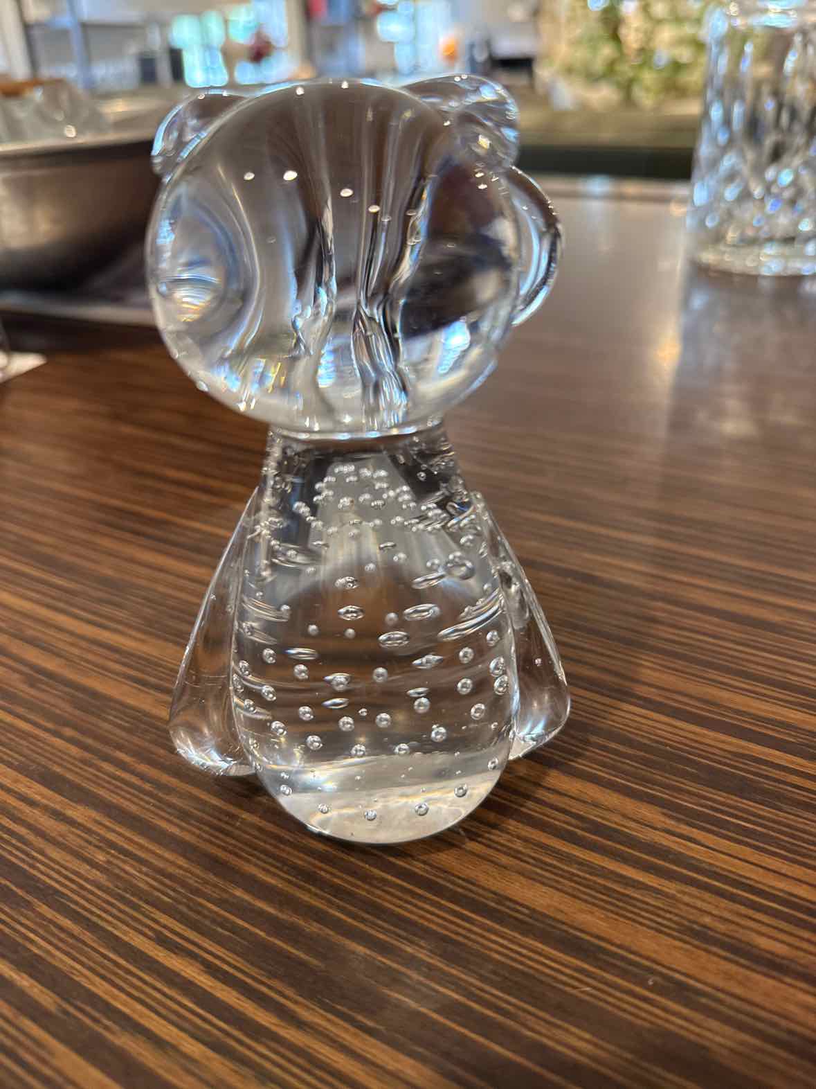 MCM Crystal Owl w/ Bubbles Art Glass 3"Diam x 5"H