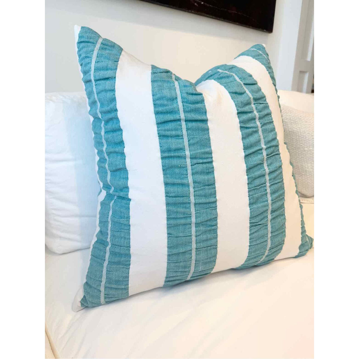 PAIR of Custom Turquoise Stripe on Italian Cotton Square Pillows