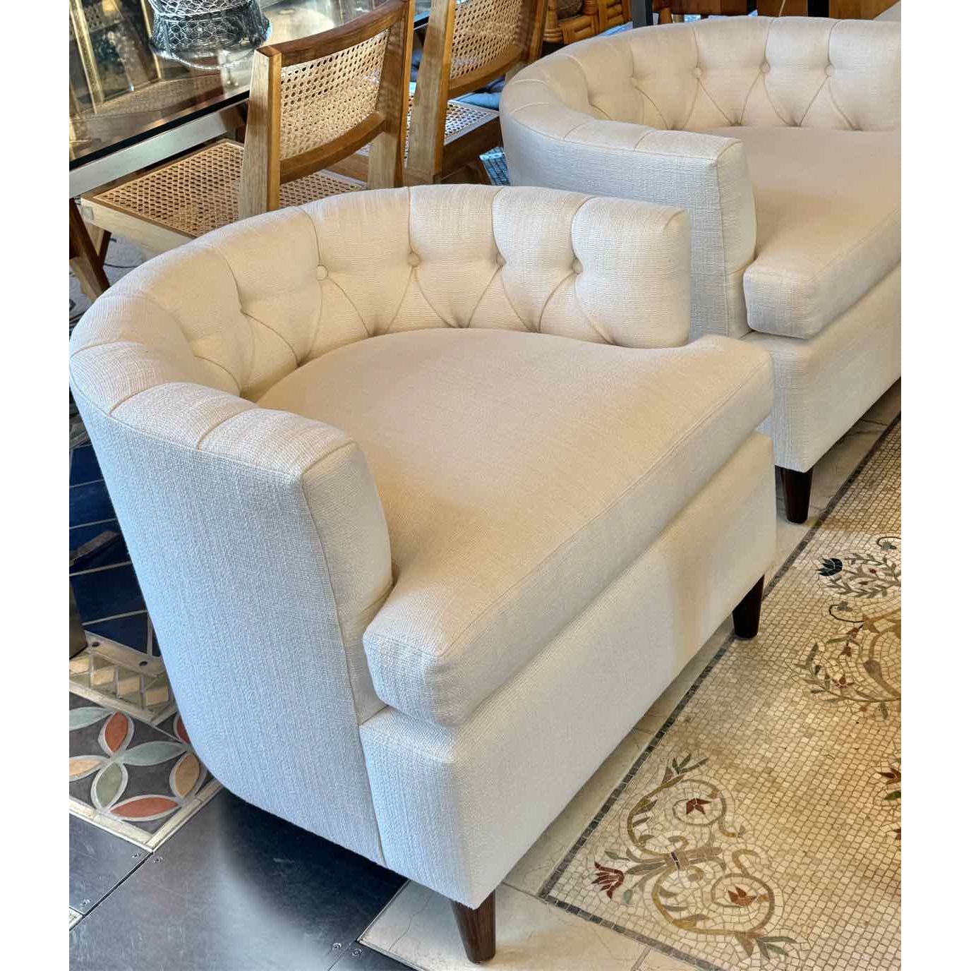 PAIR of Custom Beige Tufted Club Chairs w/ Dark Wood Legs