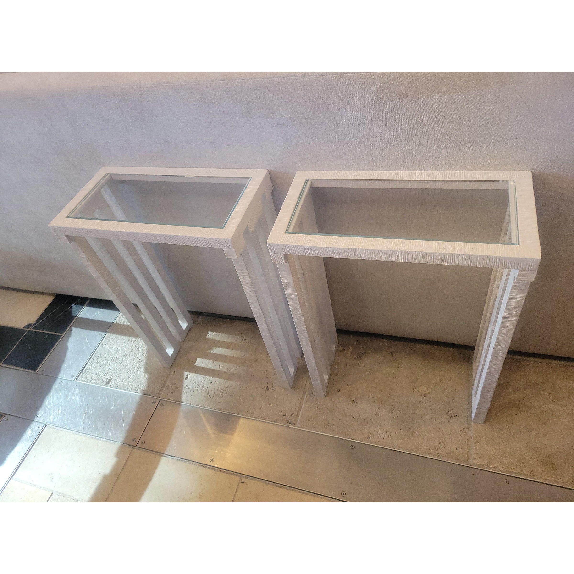 PAIR of White Metal Side Tables w/ Glass Tops