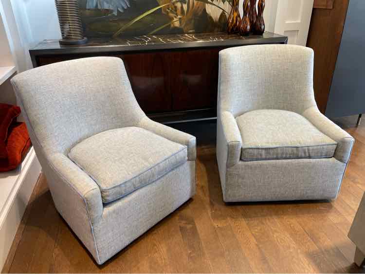 PAIR of Blue Upholstered Swivel Chairs w/ Velvet Piping by CR Laine