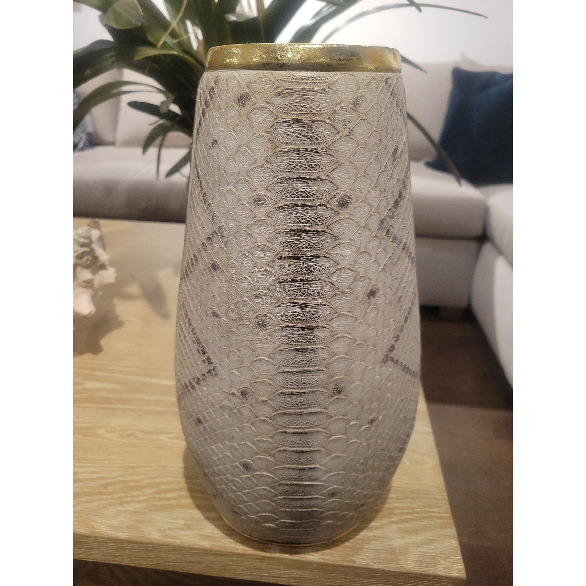 White Faux Snakeskin Textured Poly Stone & Gold Vase