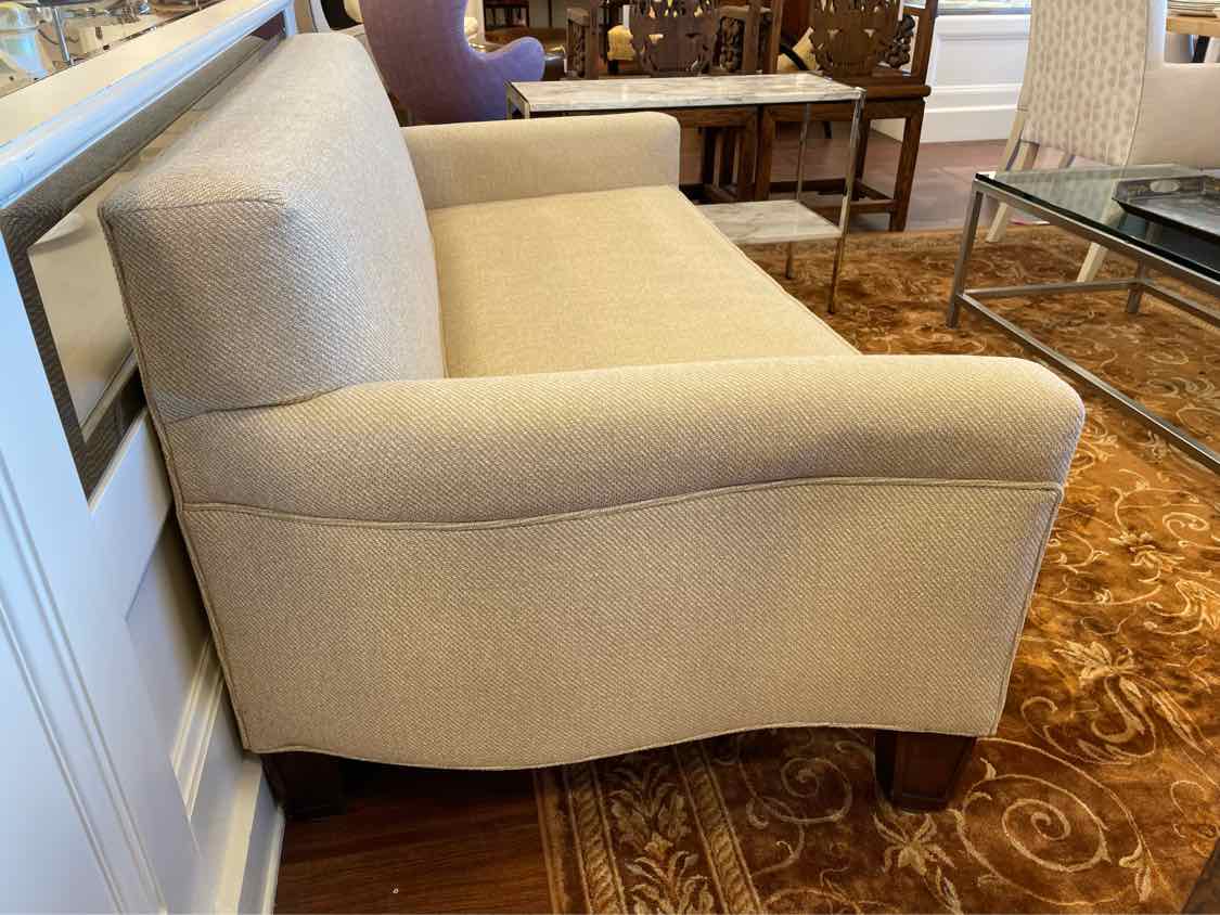 Custom Tan Chenille 2-Seat Sofa w/ Dark Wood Legs