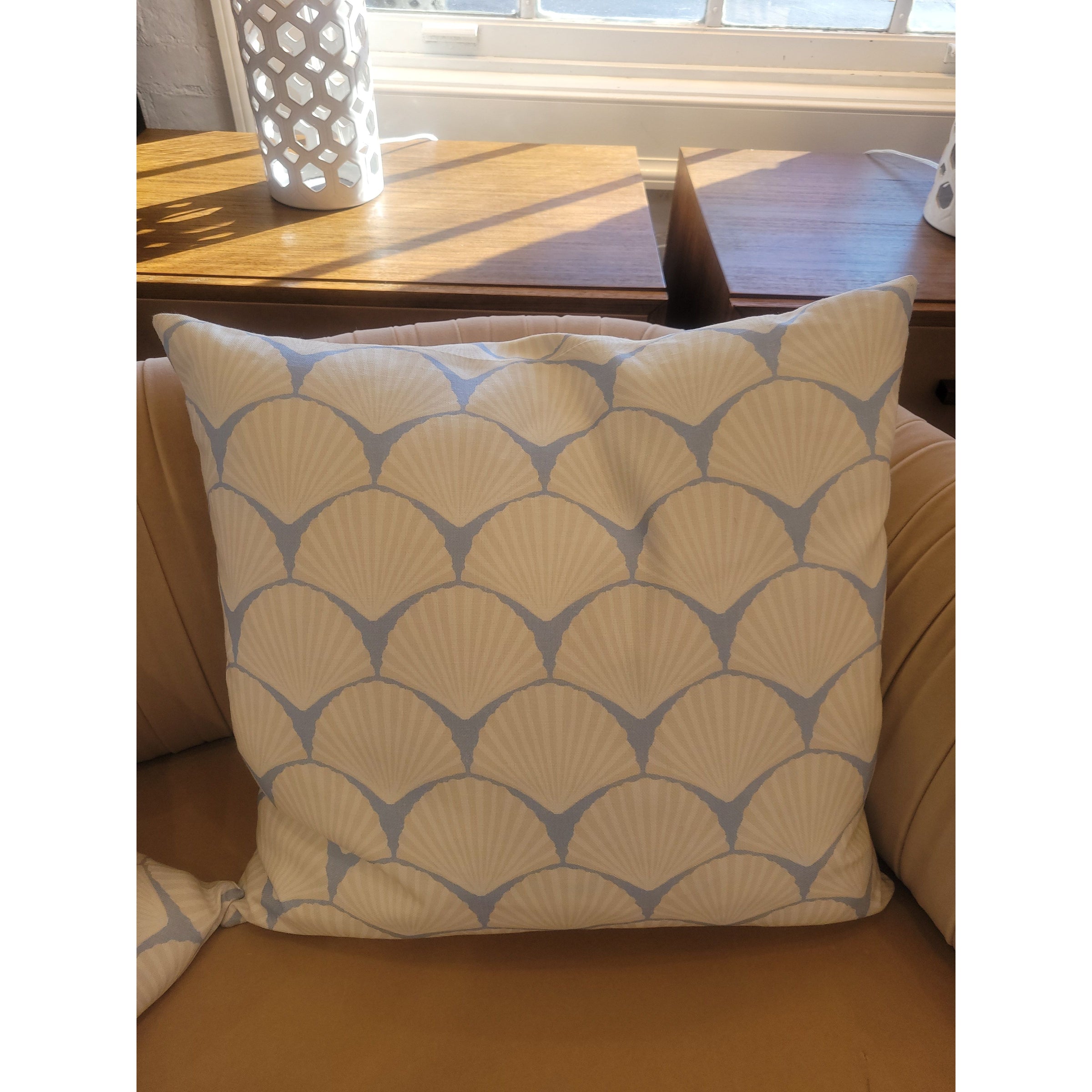PAIR of Custom Off-White Seashells on Blue Square Pillows