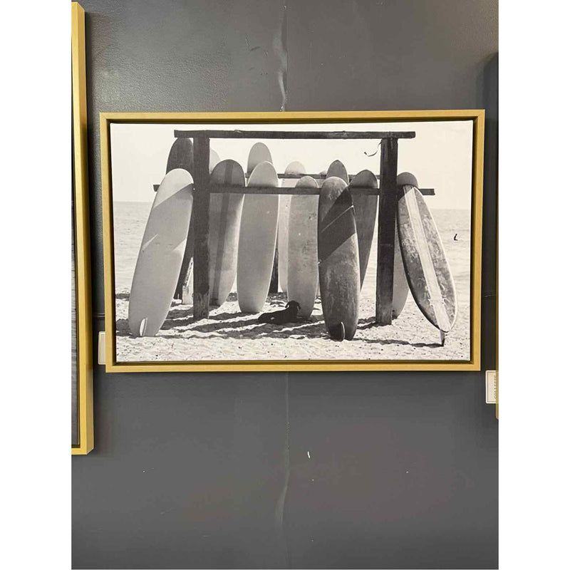 B&W Beach Surfboards Photograph on Canvas in Floating Wood Frame