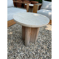 Victoria Teak Side Table w/ Round Travertine Top by Harbour (AS IS)