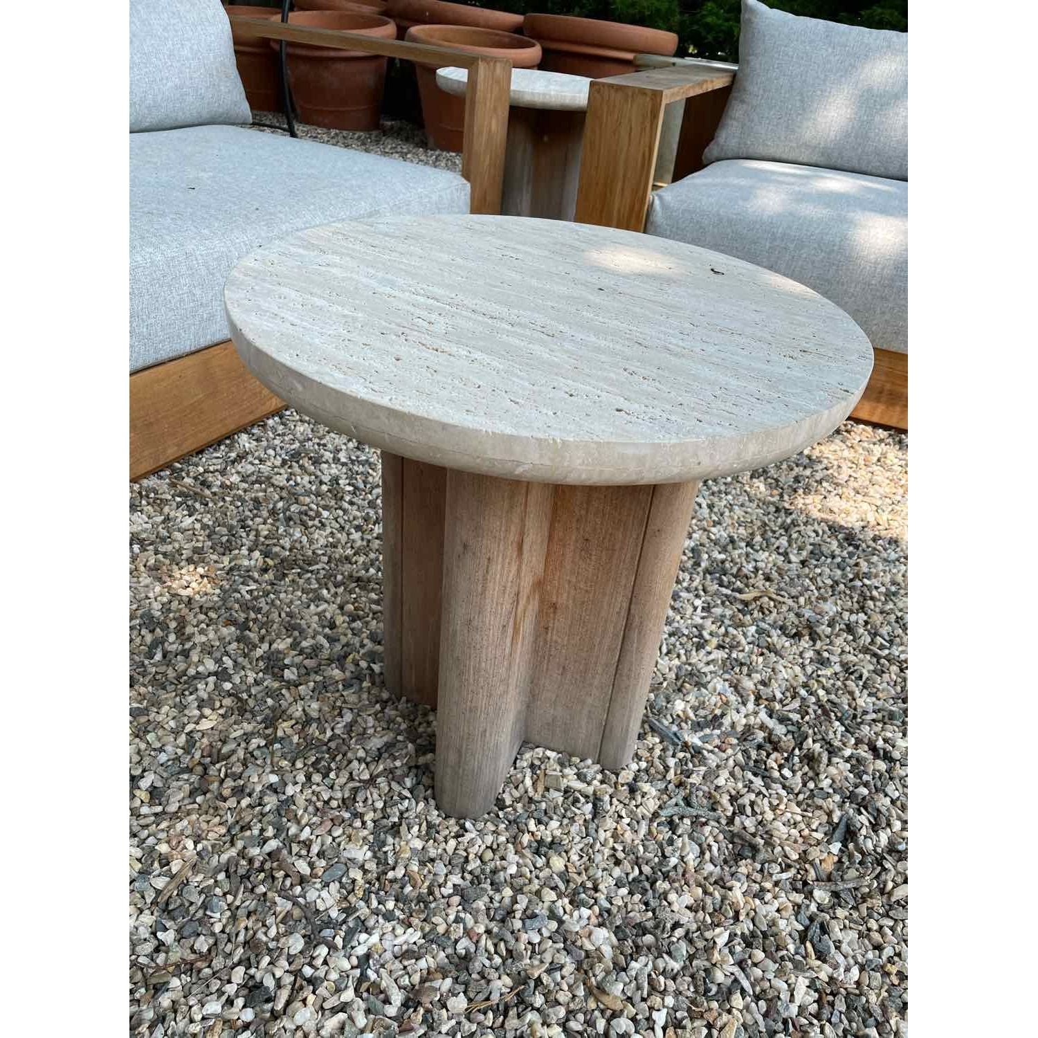 Victoria Teak Side Table w/ Round Travertine Top by Harbour (AS IS)